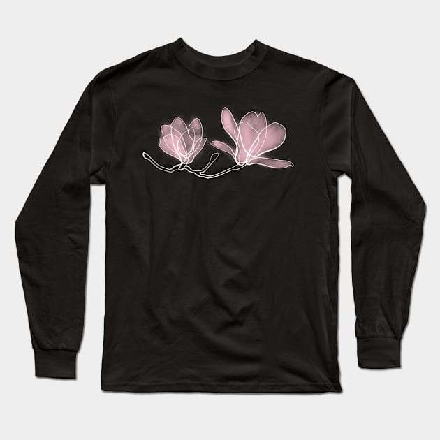 Magnolia Flowers, Pink, Drawing, Continuous Line, Dark Long Sleeve T-Shirt by EnvelopeStudio